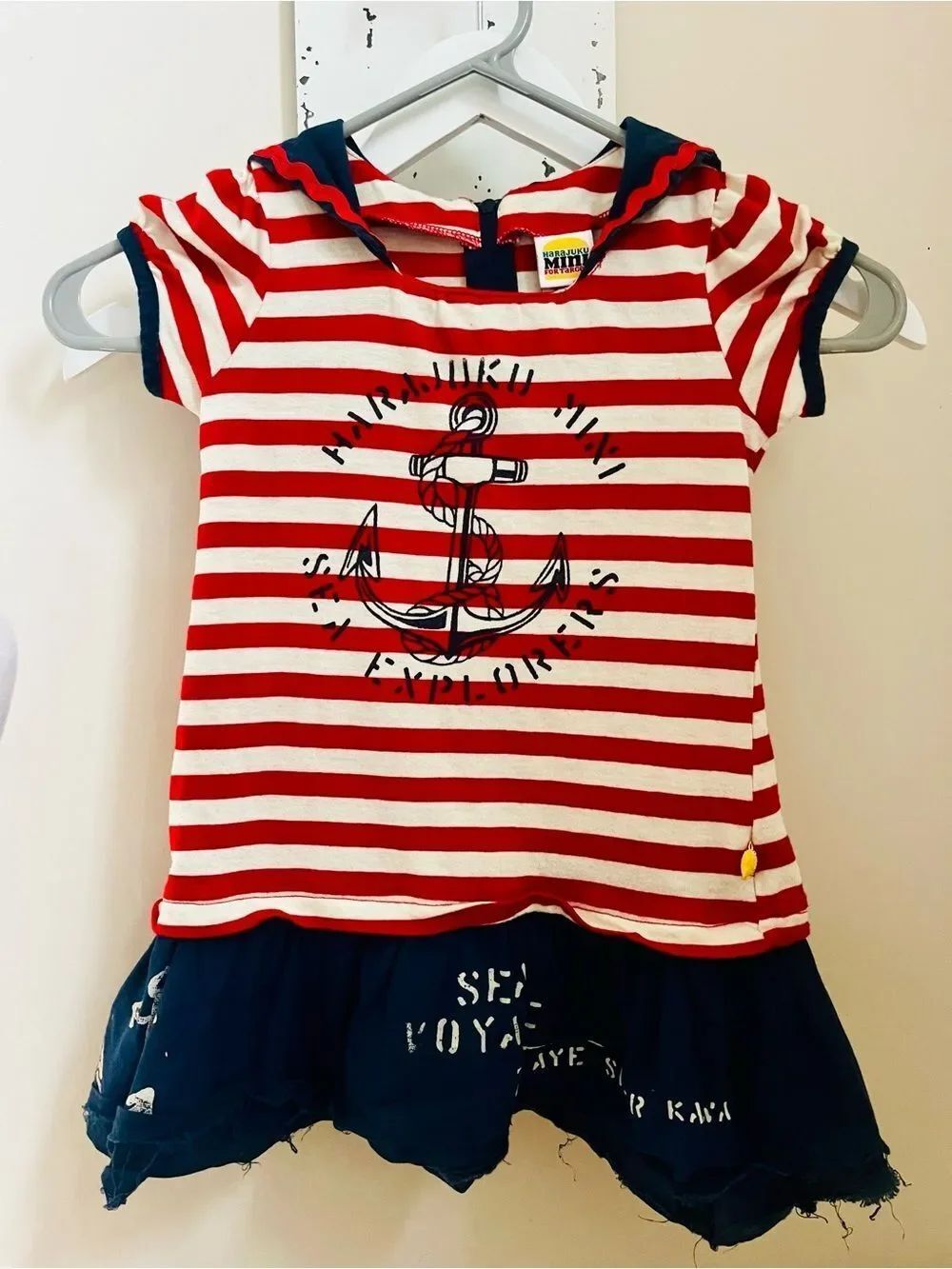 Harajuku Mini Kids Nautical Red & White Striped Dress; Size 4T